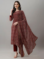 Women's Georgette Printed Kurta Set with Dupatta, Round Neck, Maroon, Regular Fit, 3/4 Sleeve