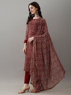 Women's Georgette Printed Kurta Set with Dupatta, Round Neck, Maroon, Regular Fit, 3/4 Sleeve