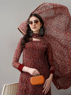 Women's Georgette Printed Kurta Set with Dupatta, Round Neck, Maroon, Regular Fit, 3/4 Sleeve