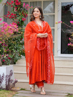 Orange Viscose Chanderi Anarkali Kurta Set with Dupatta, V-Neck, Sequence Embroidery, Regular Fit
