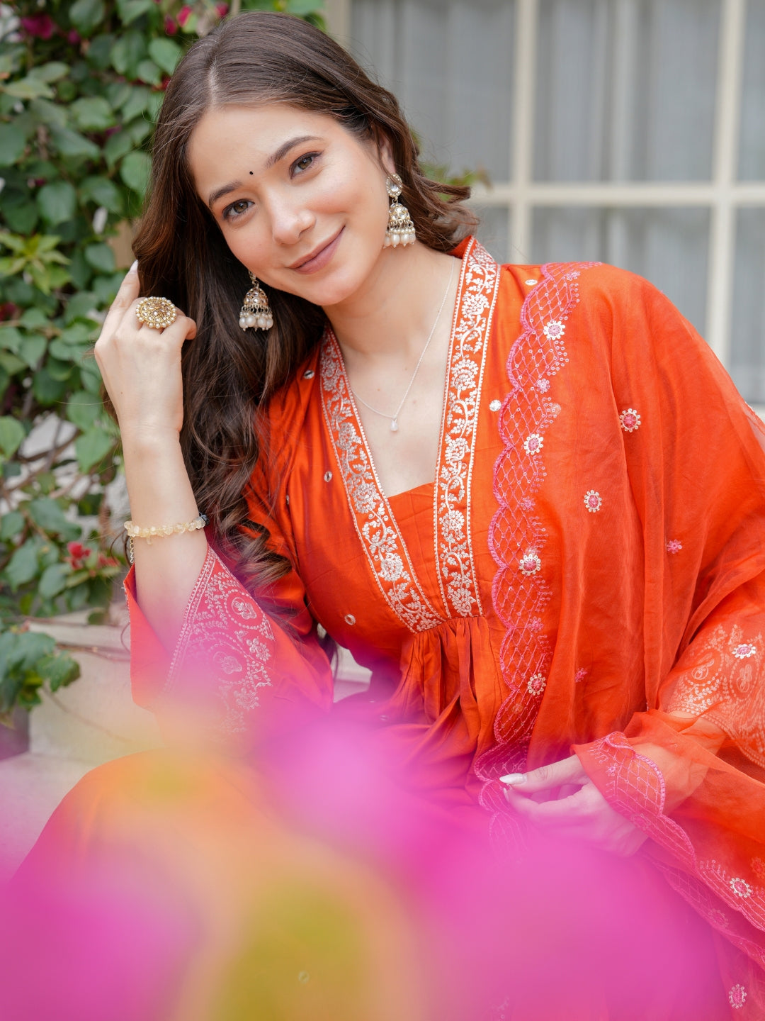 Orange Viscose Chanderi Anarkali Kurta Set with Dupatta, V-Neck, Sequence Embroidery, Regular Fit