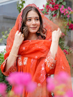 Orange Viscose Chanderi Anarkali Kurta Set with Dupatta, V-Neck, Sequence Embroidery, Regular Fit