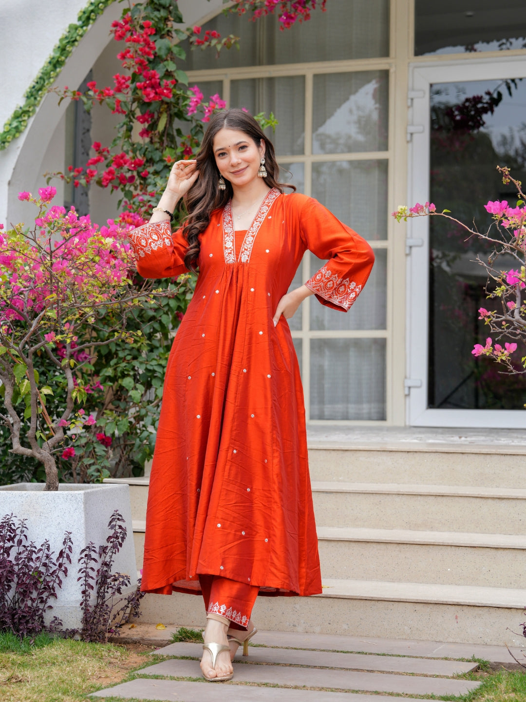 Orange Viscose Chanderi Anarkali Kurta Set with Dupatta, V-Neck, Sequence Embroidery, Regular Fit