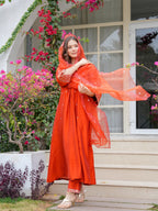 Orange Viscose Chanderi Anarkali Kurta Set with Dupatta, V-Neck, Sequence Embroidery, Regular Fit