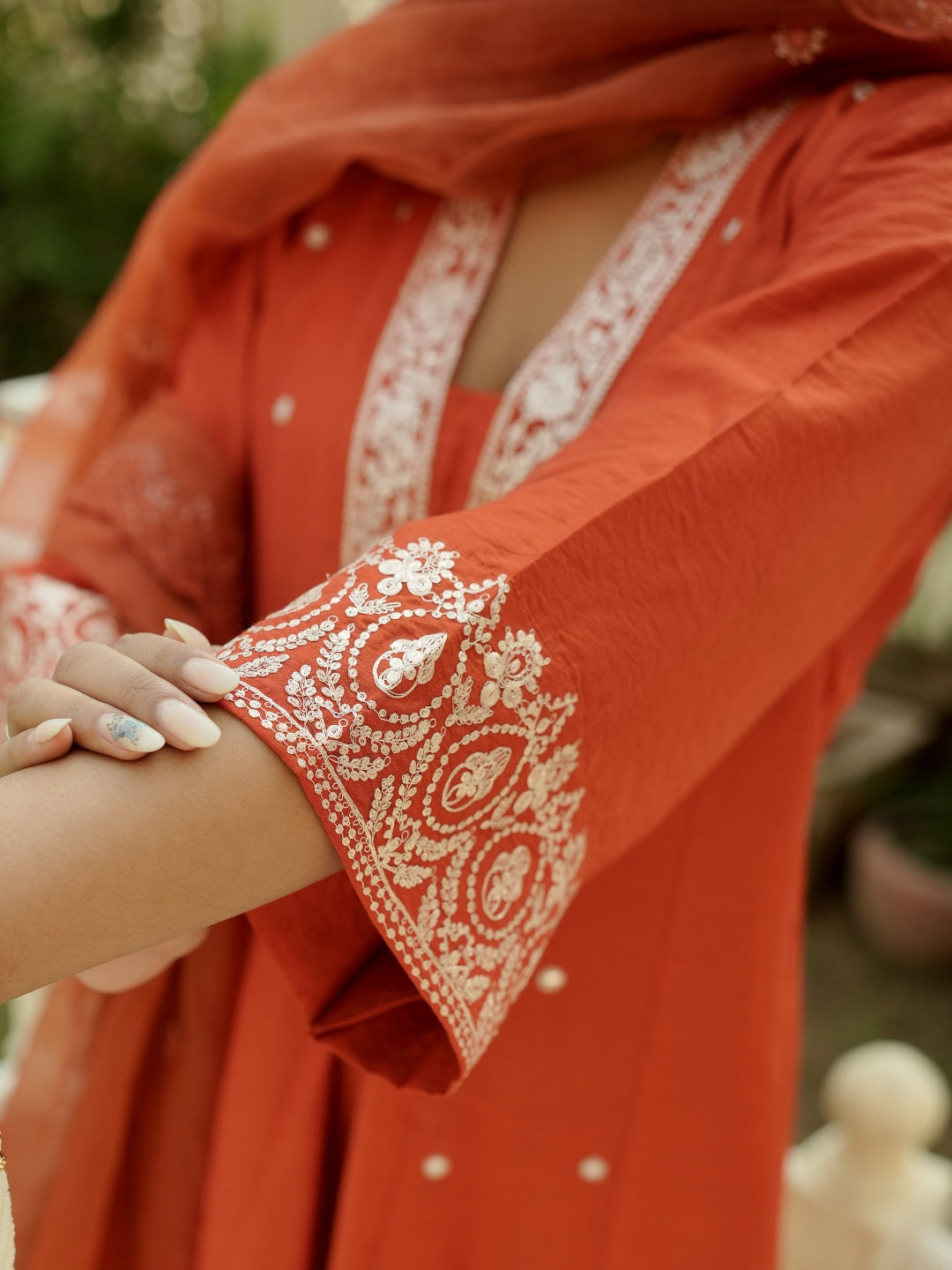 Orange Viscose Chanderi Anarkali Kurta Set with Dupatta, V-Neck, Sequence Embroidery, Regular Fit