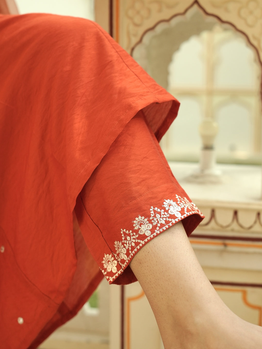 Orange Viscose Chanderi Anarkali Kurta Set with Dupatta, V-Neck, Sequence Embroidery, Regular Fit