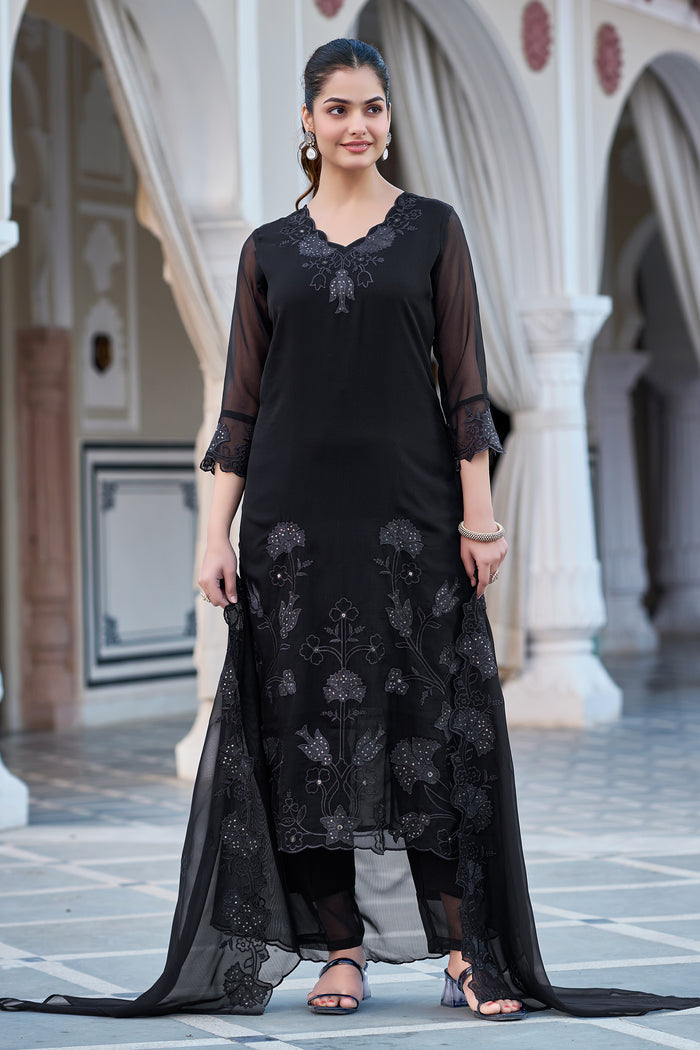 Women’s Black  Fox Blooming Georgette Embroidered Kurta Set