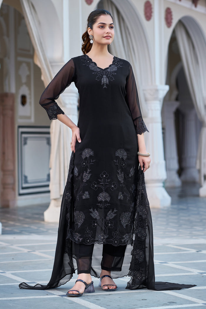 Women’s Black  Fox Blooming Georgette Embroidered Kurta Set