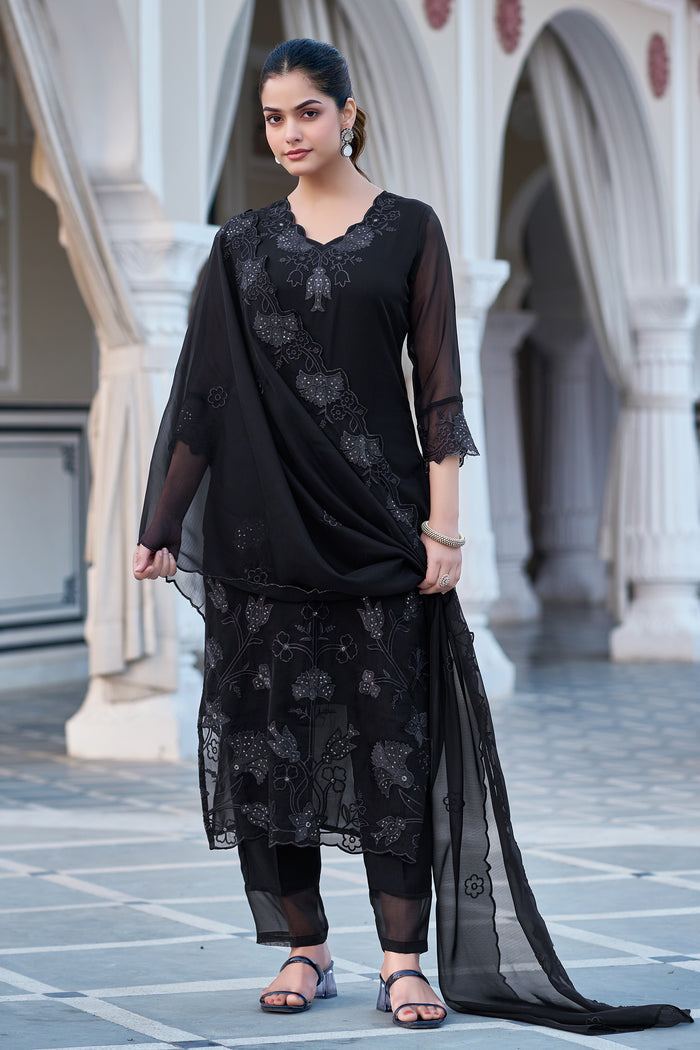 Women’s Black  Fox Blooming Georgette Embroidered Kurta Set