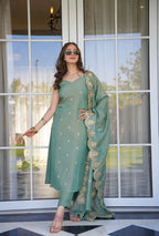 Women’s Pista Green Viscose Zari Chanderi Embroidered Kurta Set with Dupatta