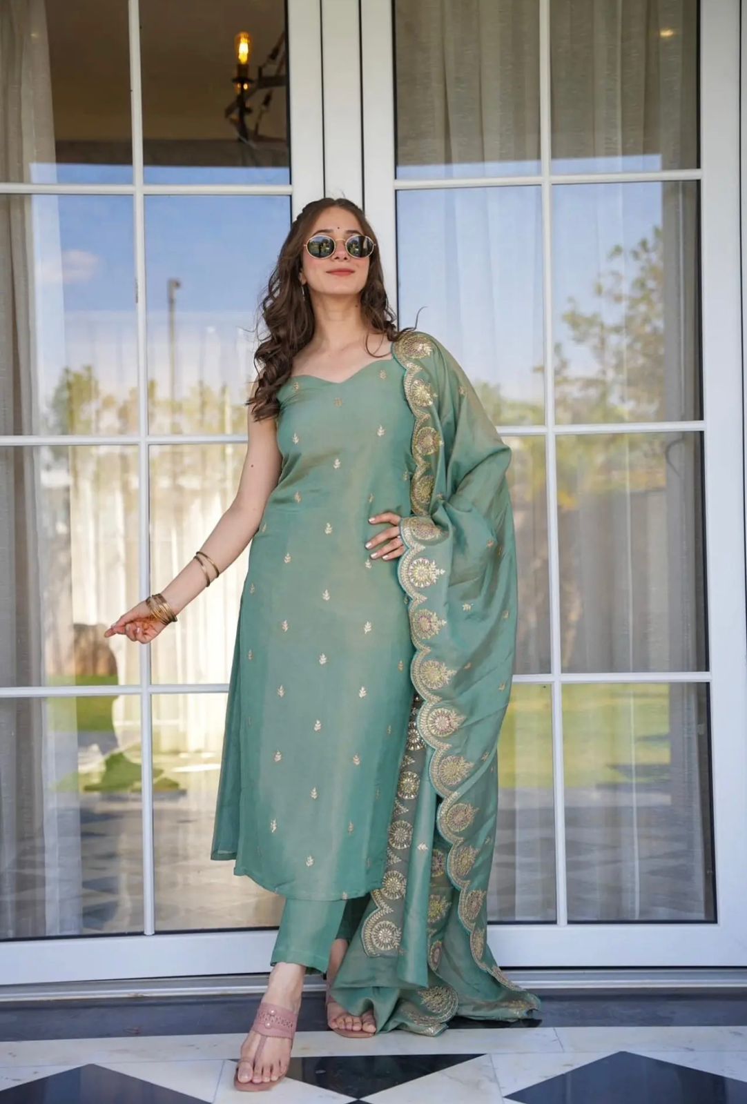 Women’s Pista Green Viscose Zari Chanderi Embroidered Kurta Set with Dupatta