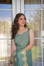 Women’s Pista Green Viscose Zari Chanderi Embroidered Kurta Set with Dupatta
