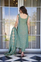 Women’s Pista Green Viscose Zari Chanderi Embroidered Kurta Set with Dupatta