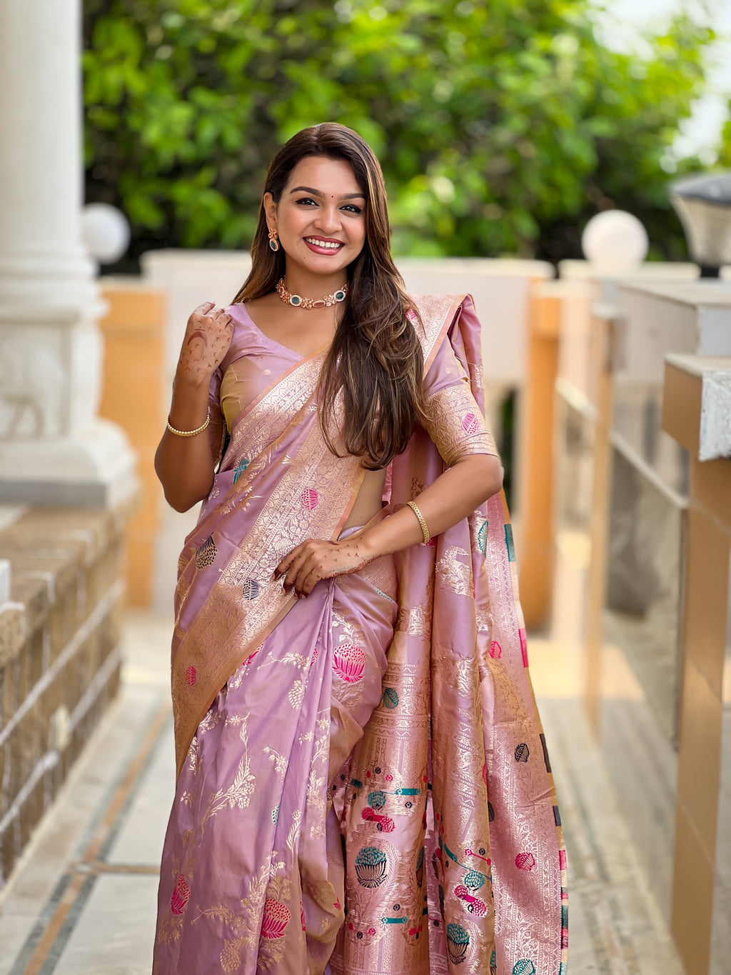 Lavender Designer Banarasi Silk Lavendar Saree for Women –  Woven Floral Saree with Blouse