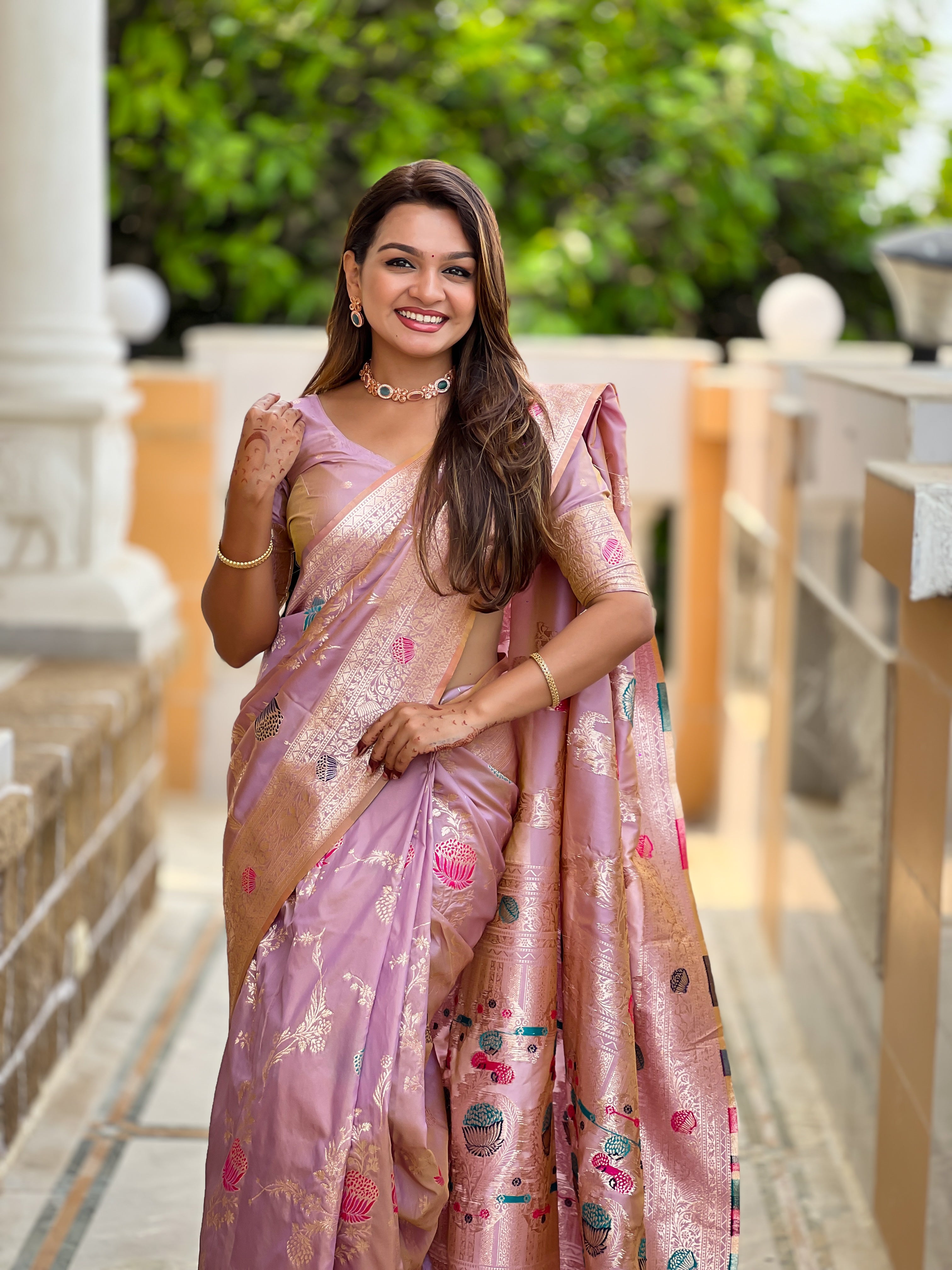 Lavender Designer Banarasi Silk Lavendar Saree for Women –  Woven Floral Saree with Blouse