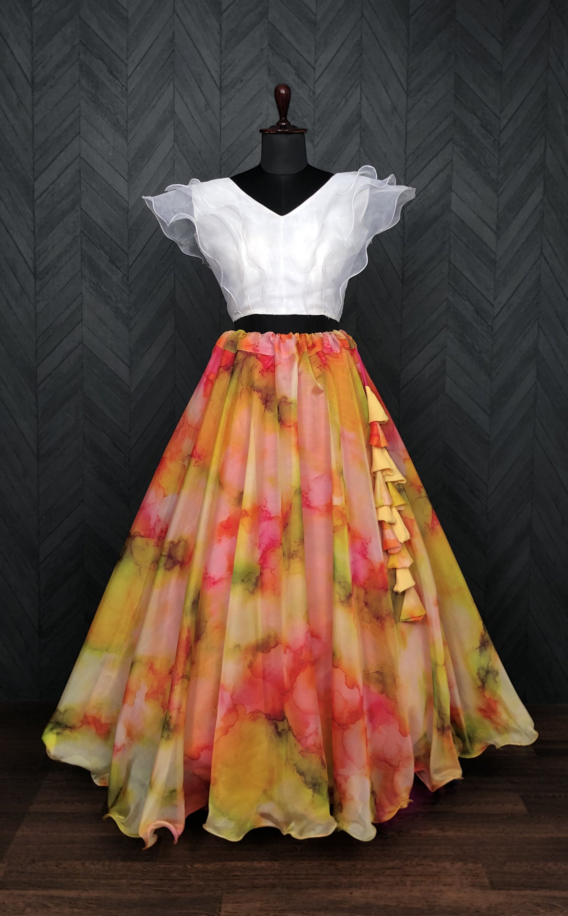 Soft Organza Digital Print Lehenga Choli Set with Frill Blouse | 7 Meter Flair | Full-Stitched | Size 38–44