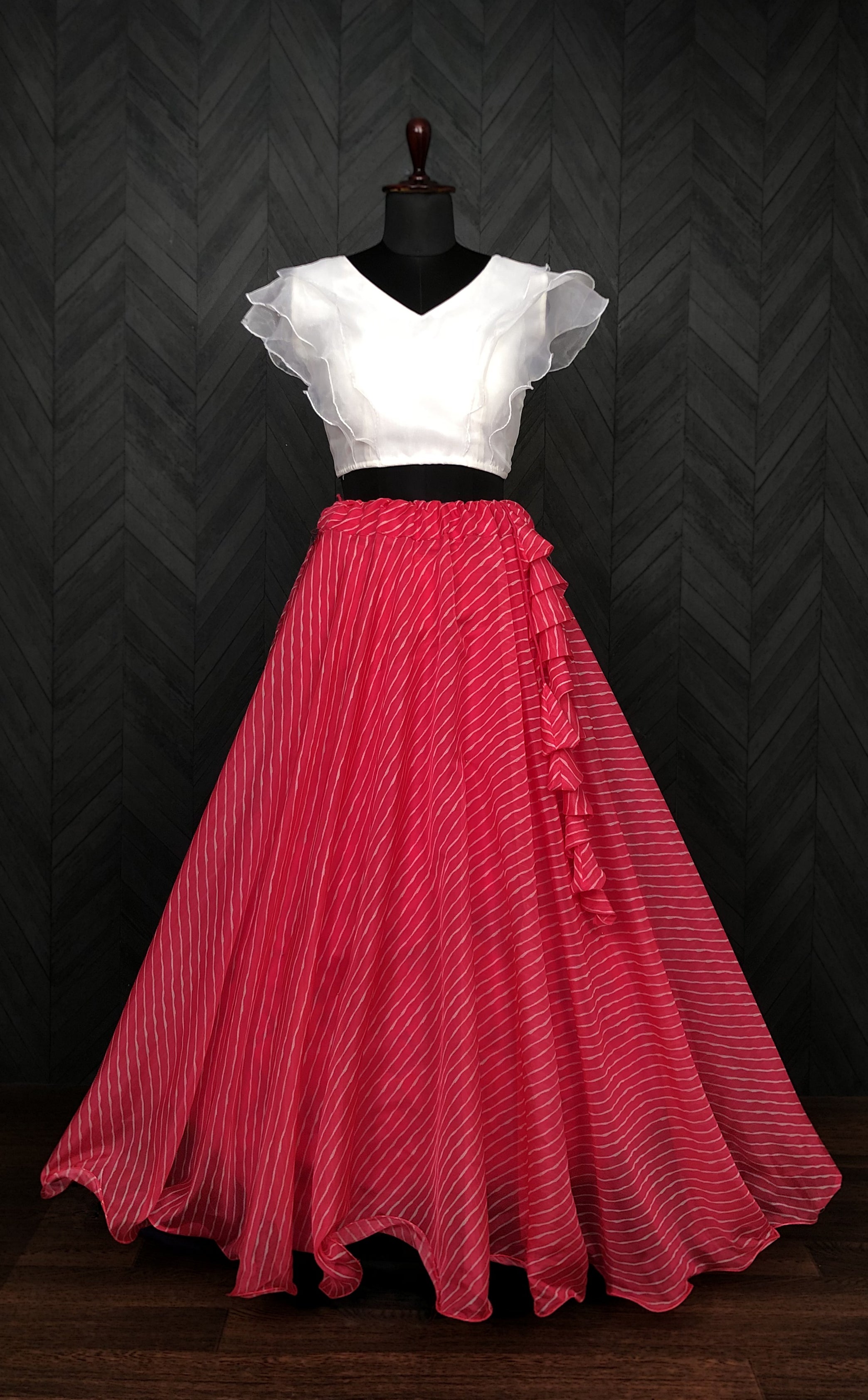 Soft Organza Pink  Leheriya Print Lehenga Choli Set with Frill Blouse | 7 Mtr Flair | Full-Stitched | Size 38–44