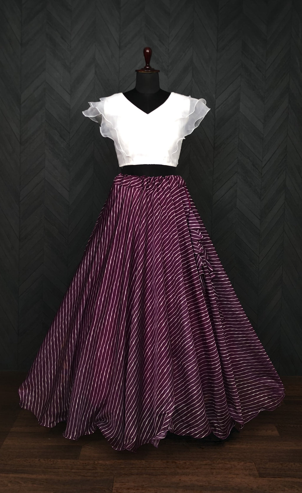 Soft Organza Wine Leheriya Print Lehenga Choli Set with Frill Blouse | 7 Mtr Flair | Full-Stitched | Size 38–44
