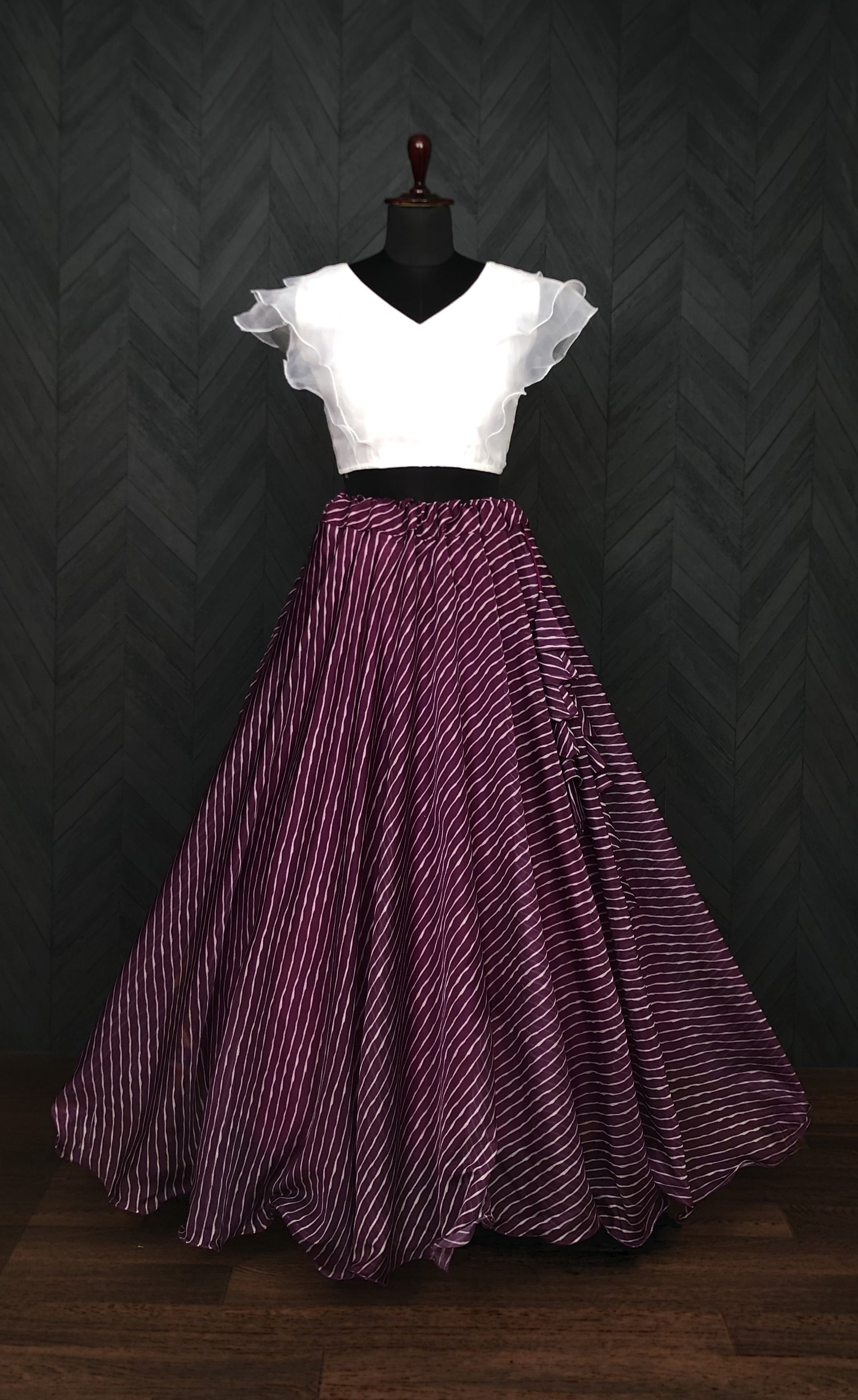 Soft Organza Wine Leheriya Print Lehenga Choli Set with Frill Blouse | 7 Mtr Flair | Full-Stitched | Size 38–44