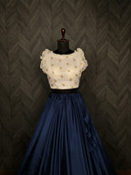 Graceful Chinnon Blue Lehenga with 8.5 Mtr Flair & Organza Sequins Blouse – Full Stitched Set (Adjustable Size 38"–42")
