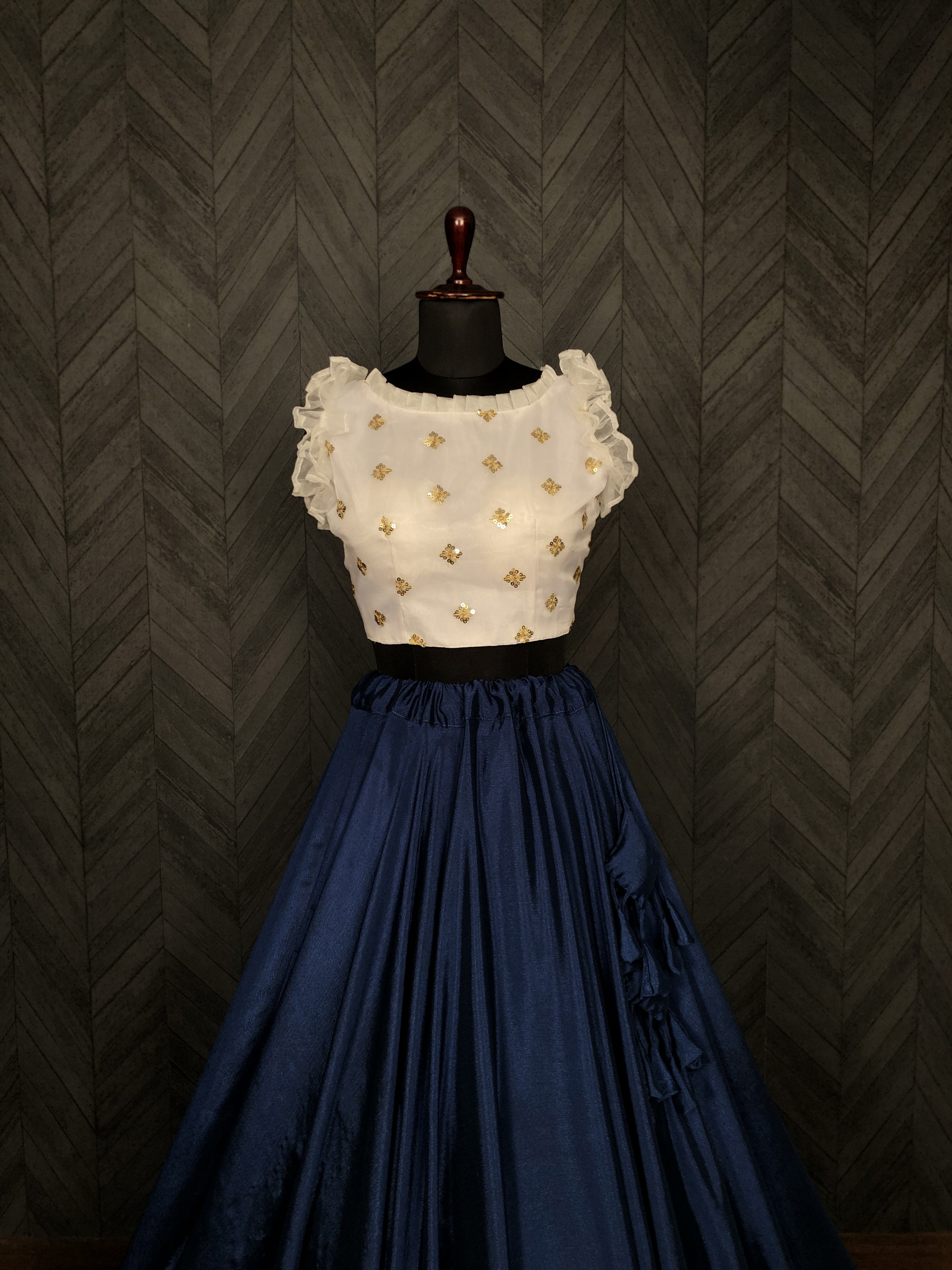 Graceful Chinnon Blue Lehenga with 8.5 Mtr Flair & Organza Sequins Blouse – Full Stitched Set (Adjustable Size 38"–42")