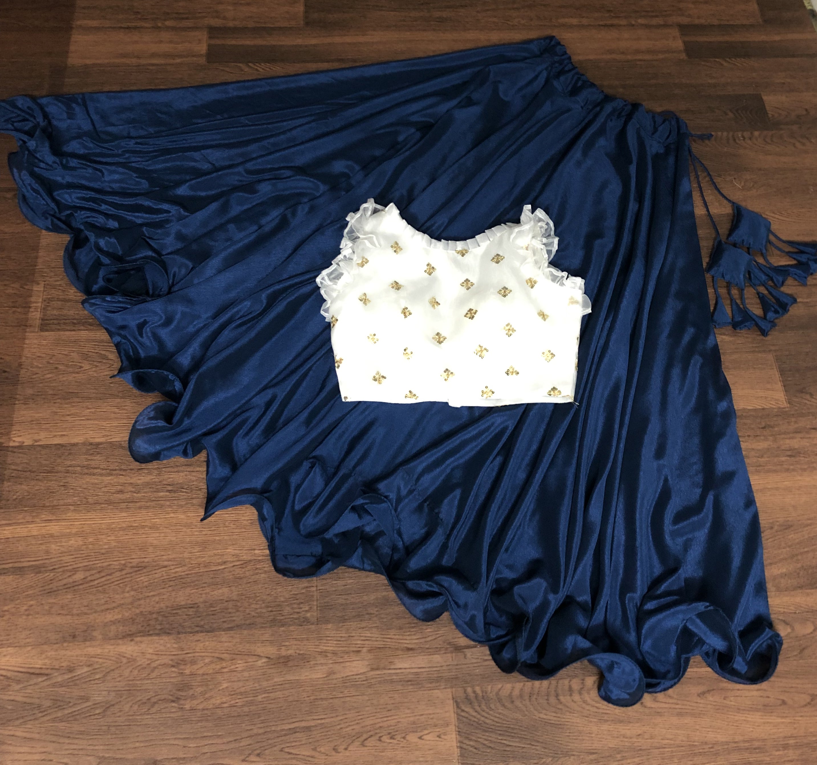 Graceful Chinnon Blue Lehenga with 8.5 Mtr Flair & Organza Sequins Blouse – Full Stitched Set (Adjustable Size 38"–42")