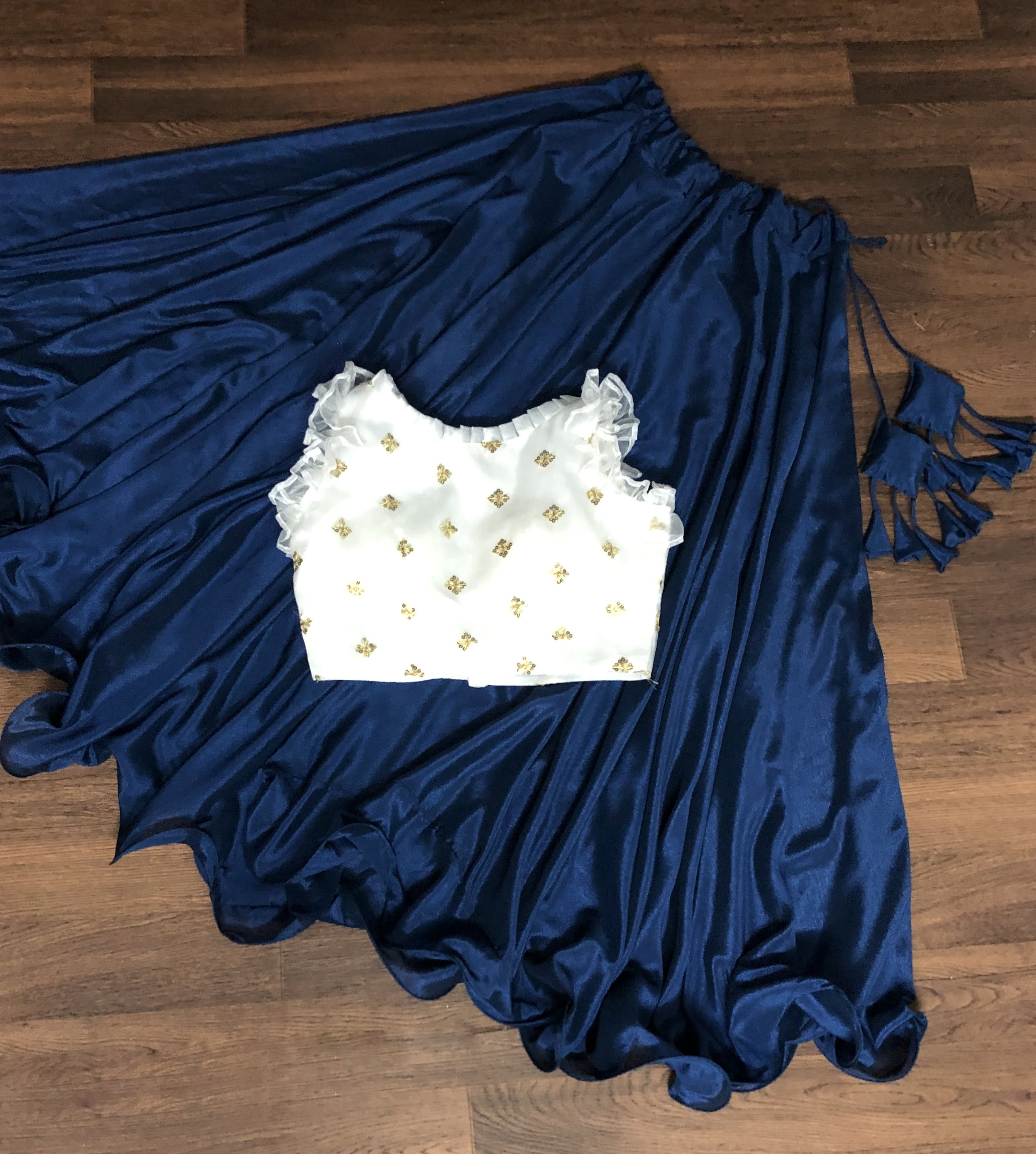 Graceful Chinnon Blue Lehenga with 8.5 Mtr Flair & Organza Sequins Blouse – Full Stitched Set (Adjustable Size 38"–42")