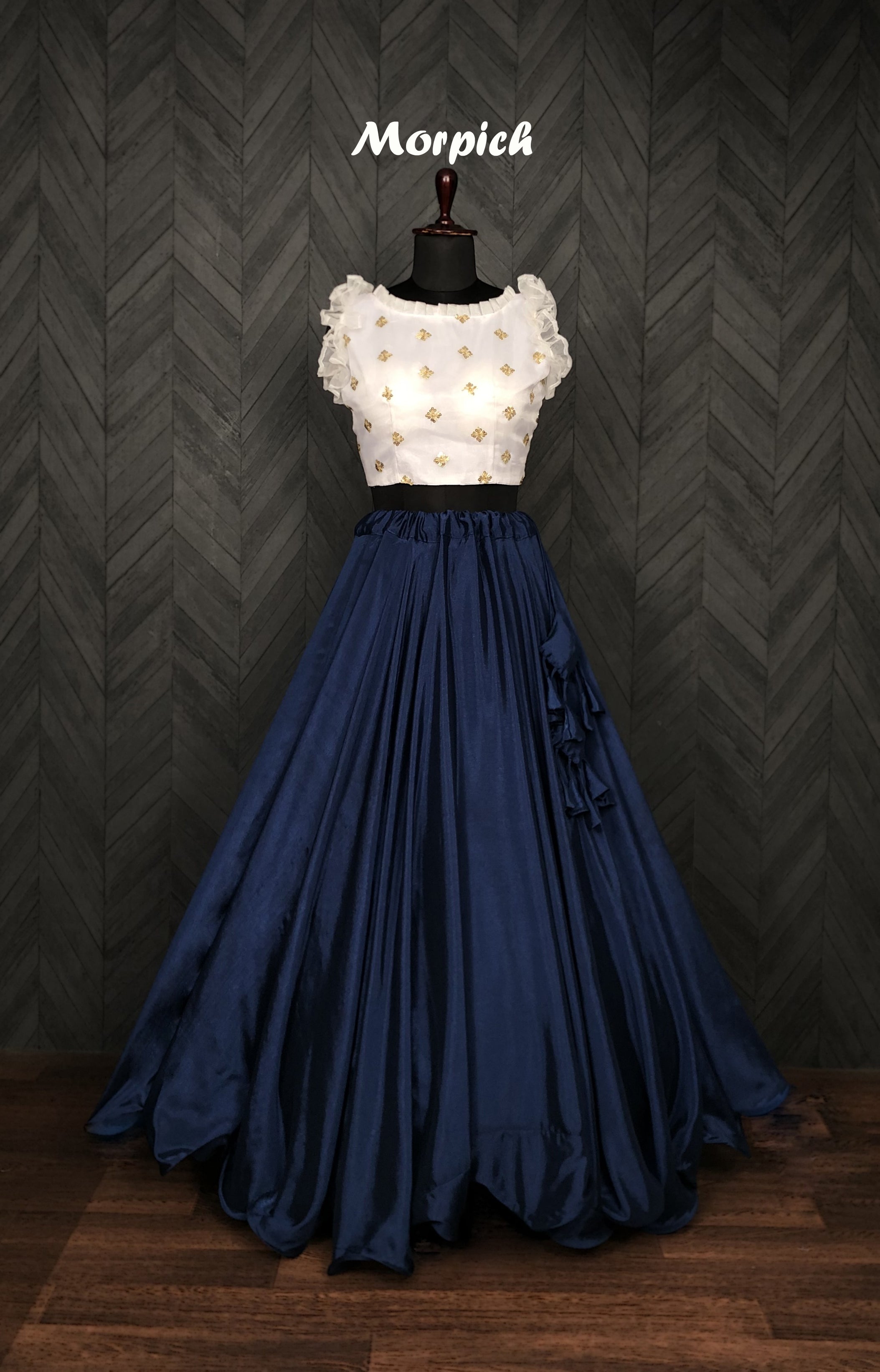 Graceful Chinnon Blue Lehenga with 8.5 Mtr Flair & Organza Sequins Blouse – Full Stitched Set (Adjustable Size 38"–42")