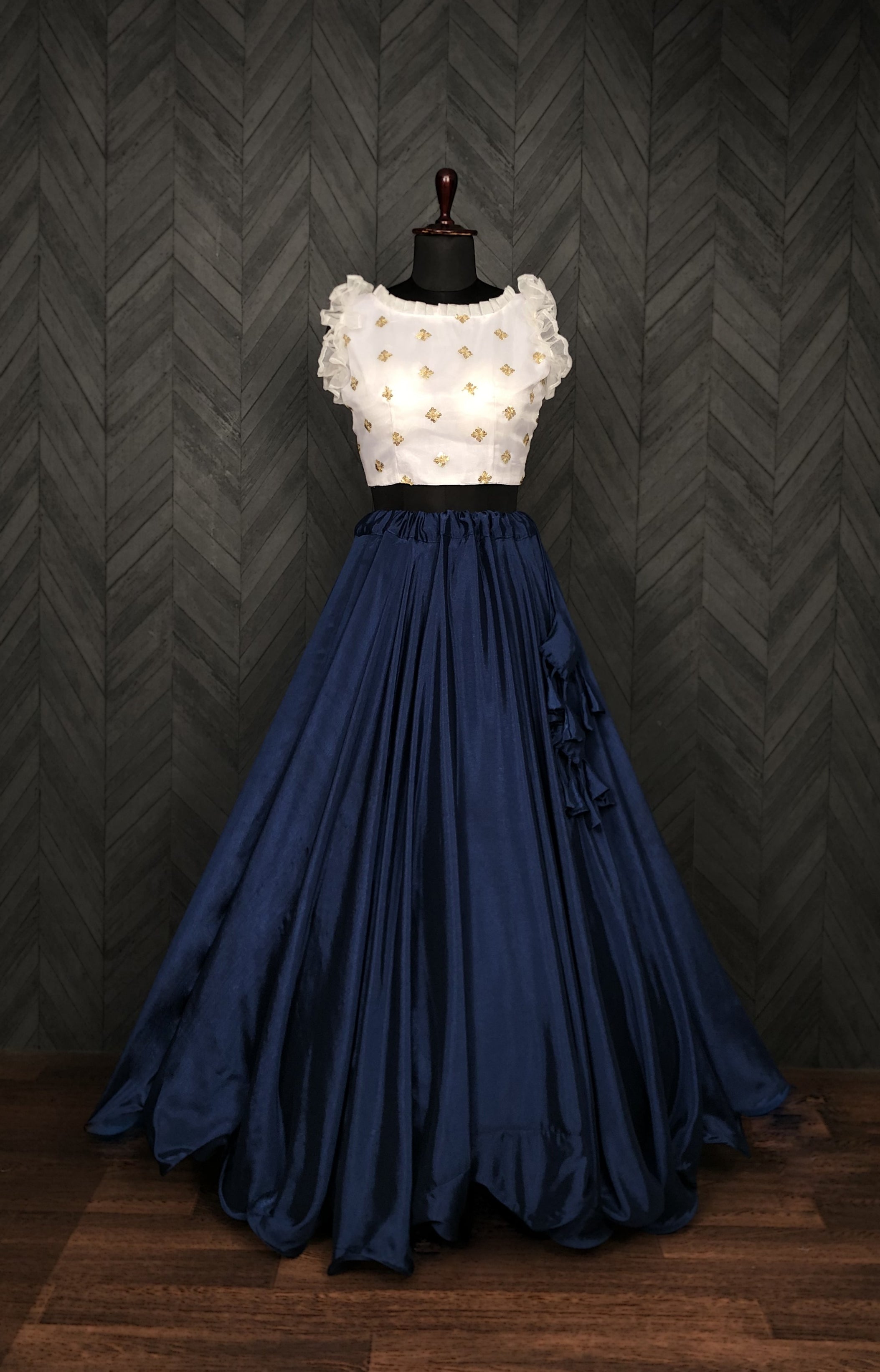 Graceful Chinnon Blue Lehenga with 8.5 Mtr Flair & Organza Sequins Blouse – Full Stitched Set (Adjustable Size 38"–42")
