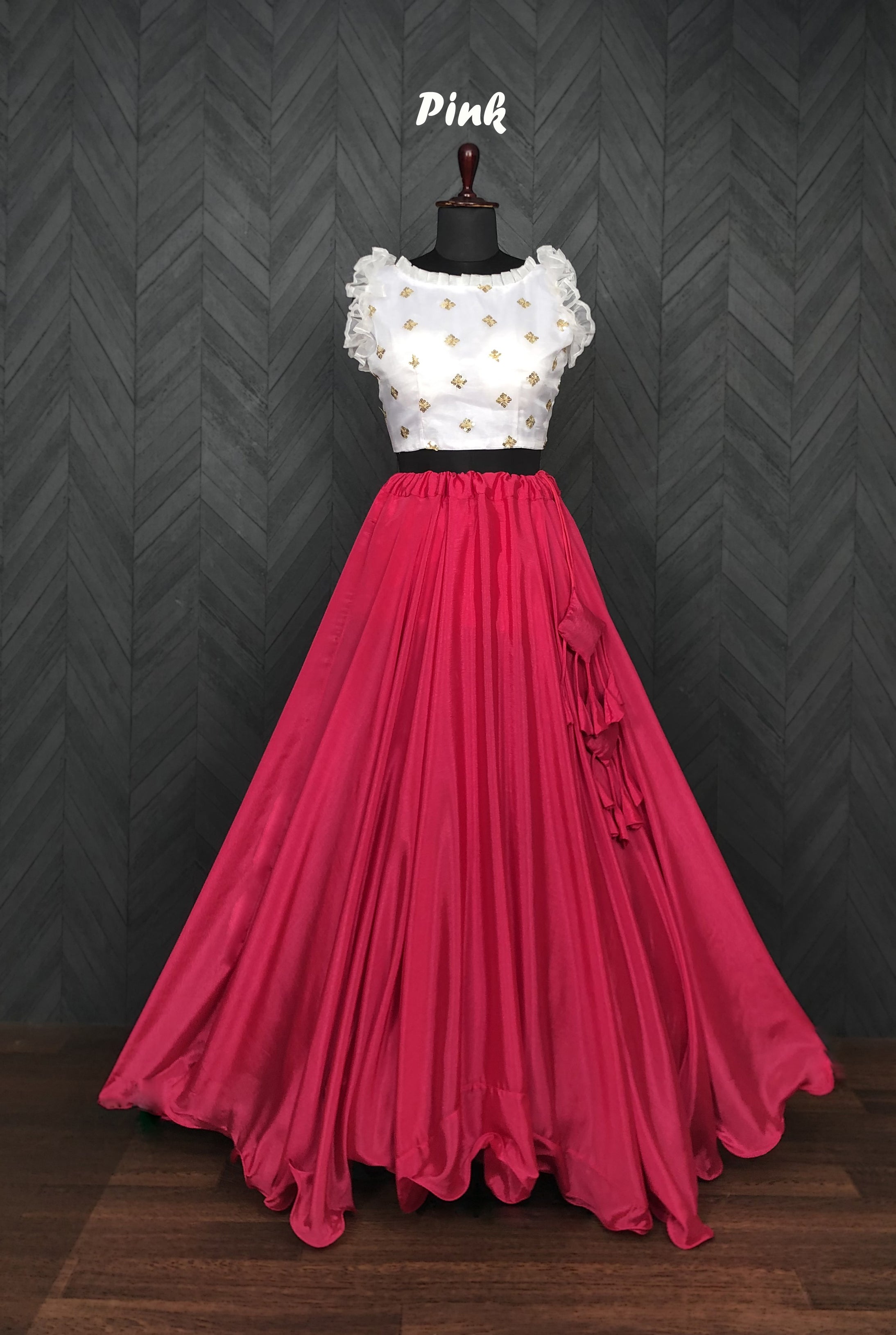 Graceful Chinnon Pink Lehenga with 8.5 Mtr Flair & Organza Sequins Blouse – Full Stitched Set (Adjustable Size 38"–42")
