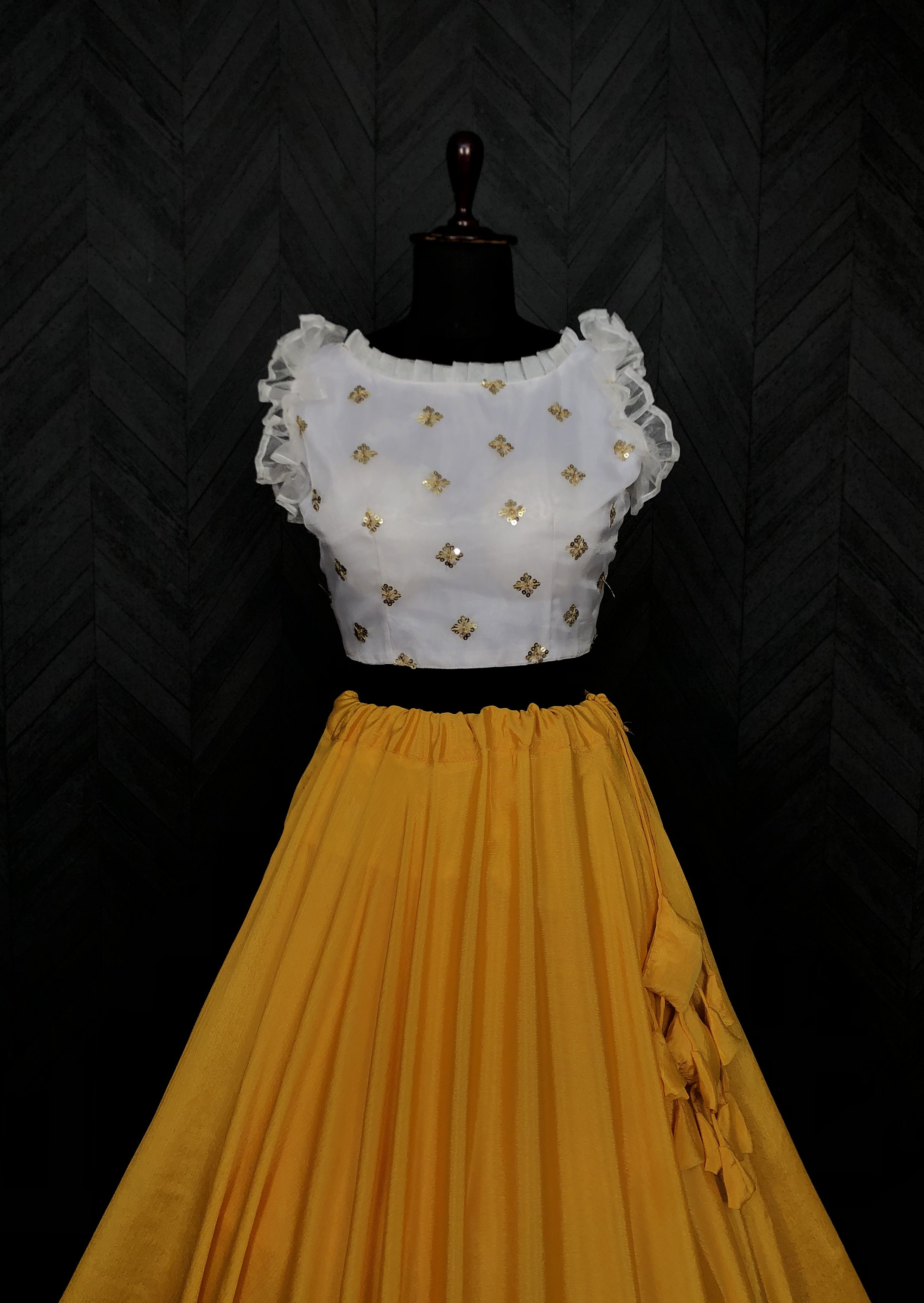 Graceful Chinnon Yellow Lehenga with 8.5 Mtr Flair & Organza Sequins Blouse – Full Stitched Set (Adjustable Size 38"–42")
