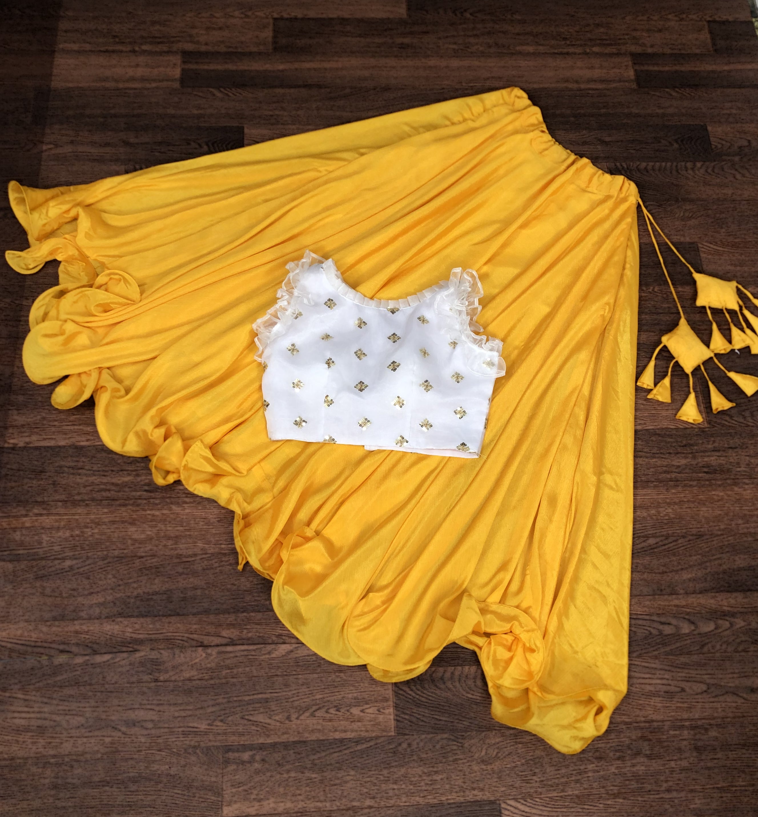 Graceful Chinnon Yellow Lehenga with 8.5 Mtr Flair & Organza Sequins Blouse – Full Stitched Set (Adjustable Size 38"–42")