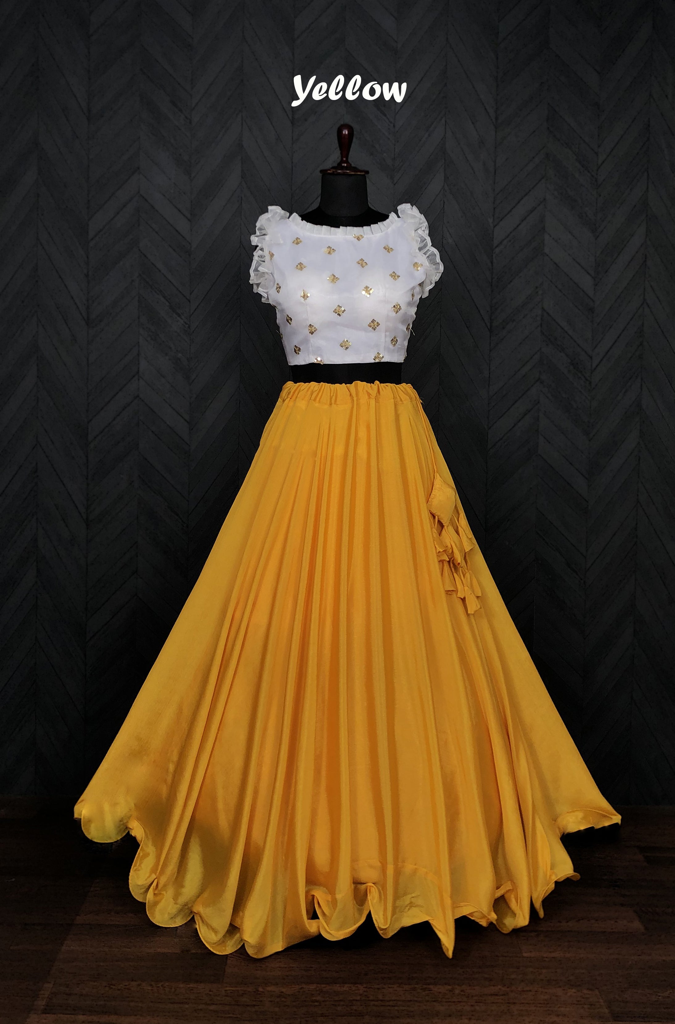 Graceful Chinnon Yellow Lehenga with 8.5 Mtr Flair & Organza Sequins Blouse – Full Stitched Set (Adjustable Size 38"–42")
