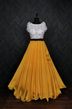 Graceful Chinnon Yellow Lehenga with 8.5 Mtr Flair & Organza Sequins Blouse – Full Stitched Set (Adjustable Size 38"–42")
