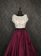 Graceful Chinnon Wine Lehenga with 8.5 Mtr Flair & Organza Sequins Blouse – Full Stitched Set (Adjustable Size 38"–42")