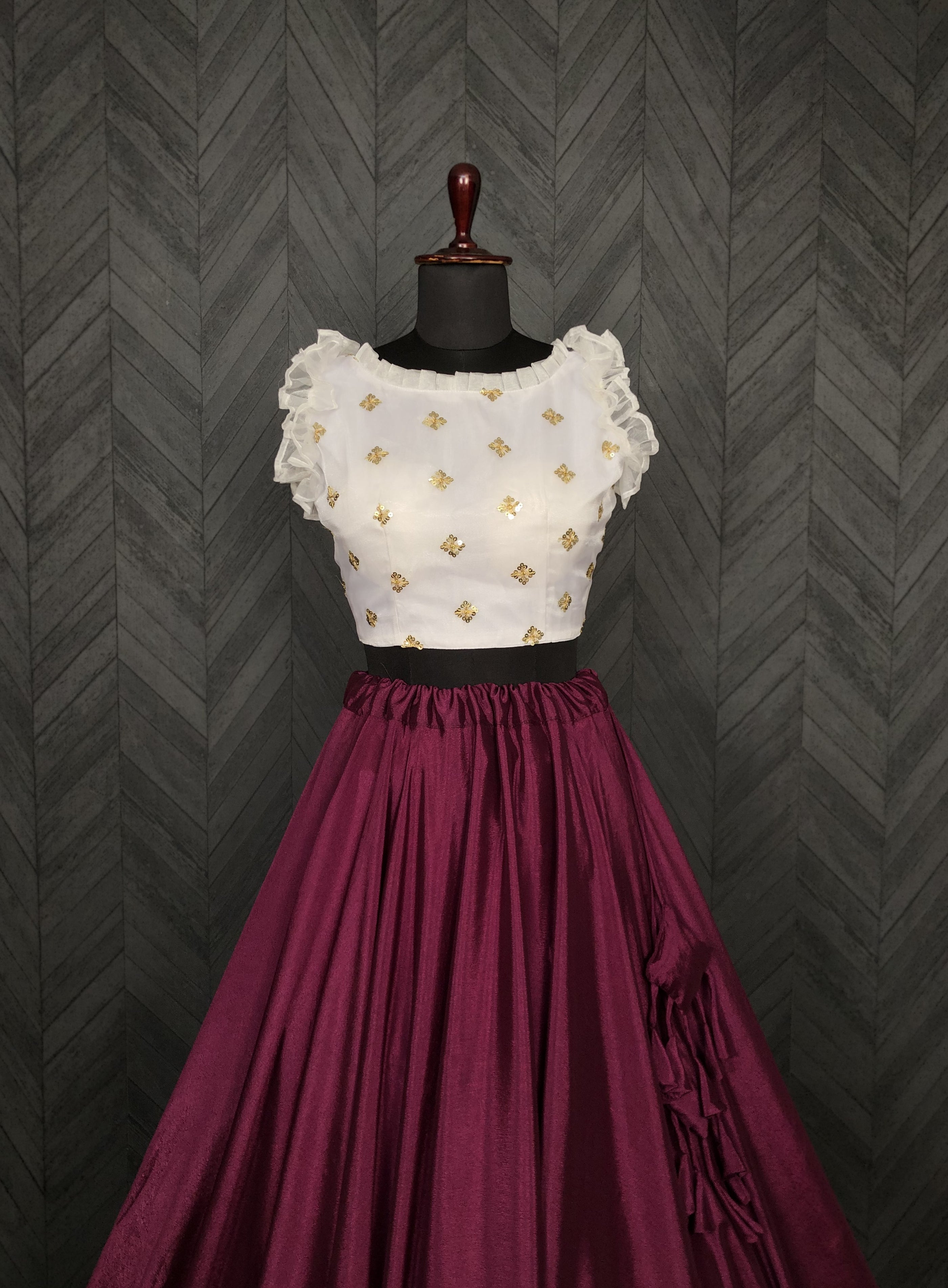 Graceful Chinnon Wine Lehenga with 8.5 Mtr Flair & Organza Sequins Blouse – Full Stitched Set (Adjustable Size 38"–42")