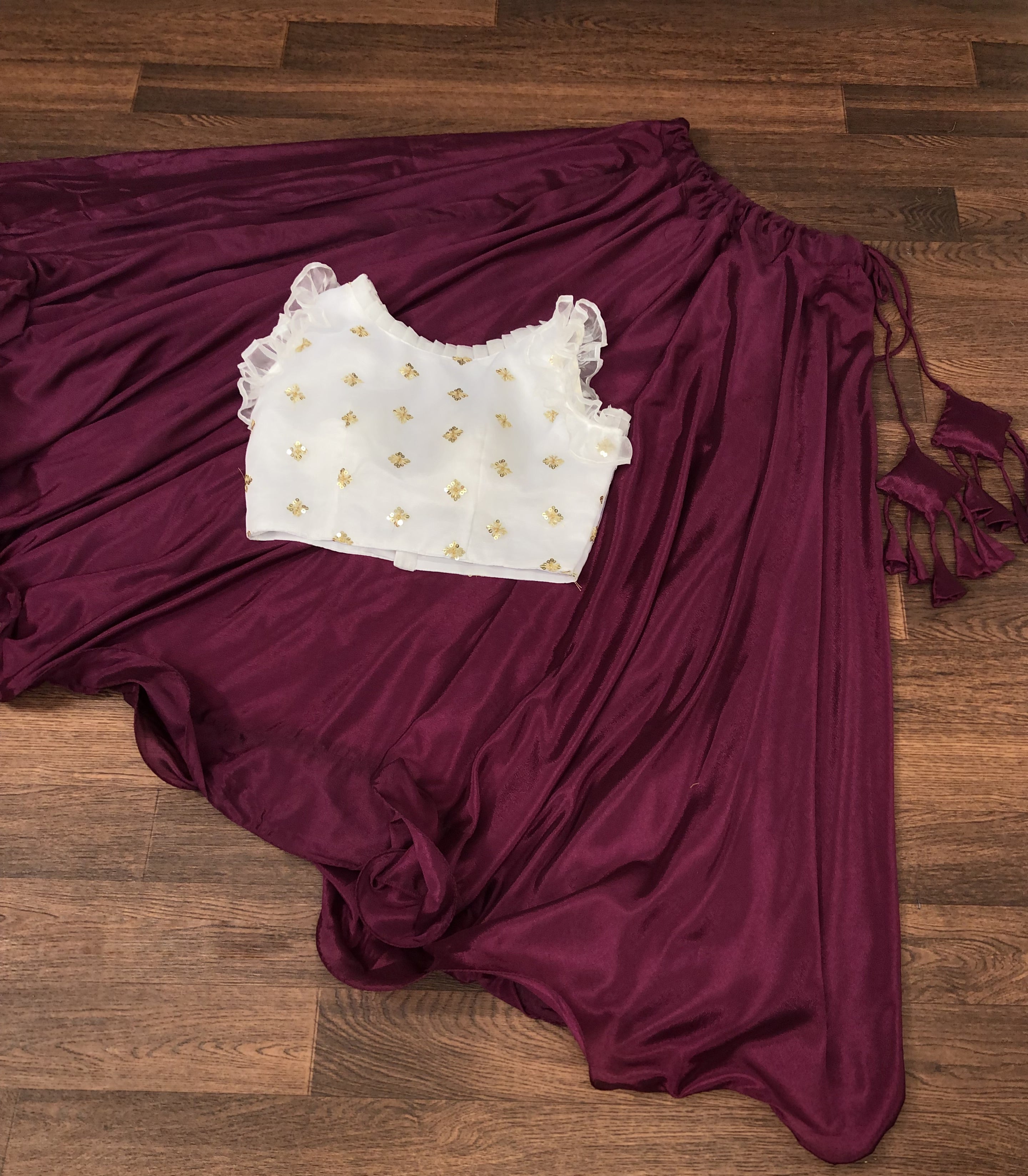 Graceful Chinnon Wine Lehenga with 8.5 Mtr Flair & Organza Sequins Blouse – Full Stitched Set (Adjustable Size 38"–42")
