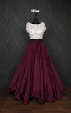 Graceful Chinnon Wine Lehenga with 8.5 Mtr Flair & Organza Sequins Blouse – Full Stitched Set (Adjustable Size 38"–42")