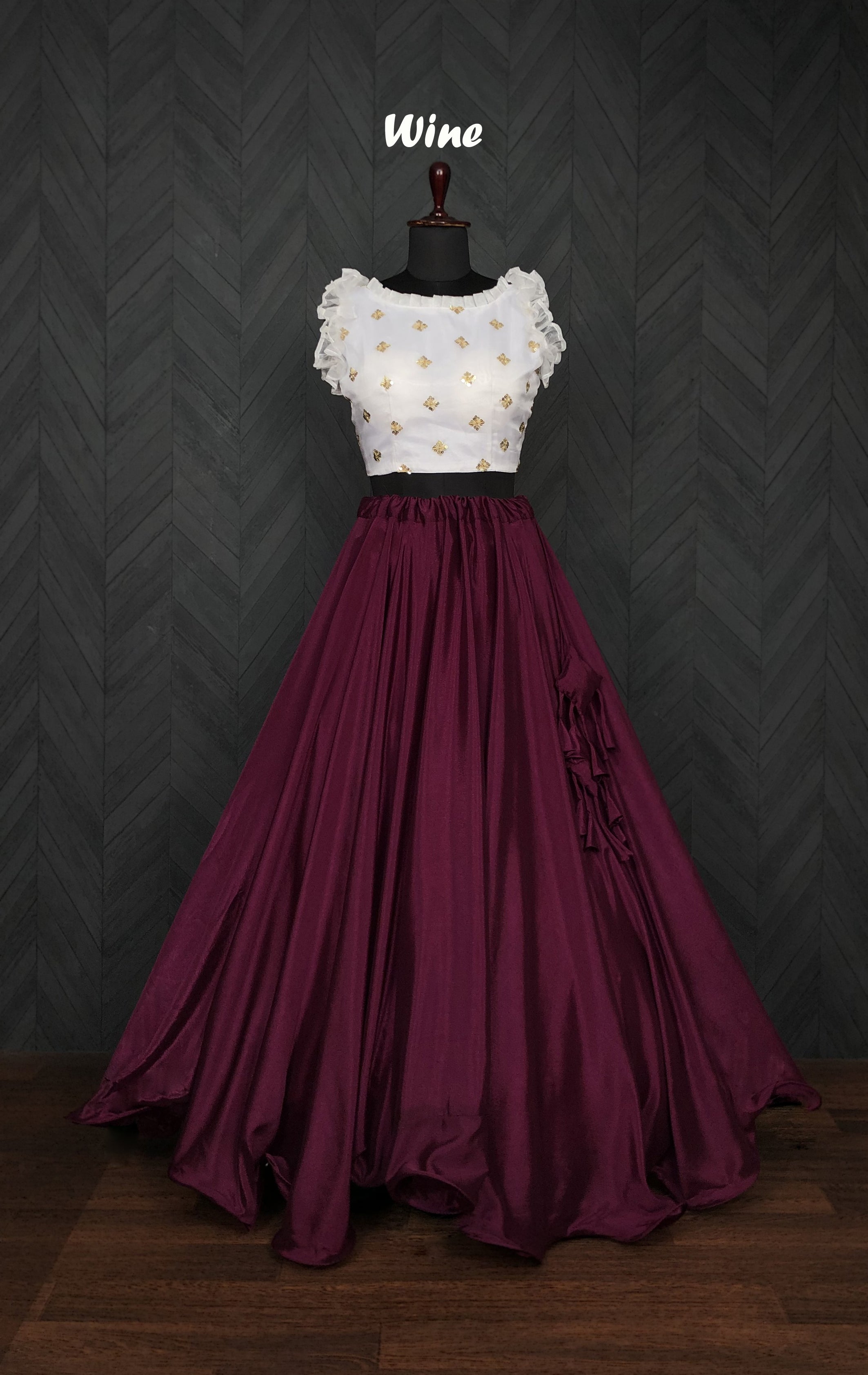 Graceful Chinnon Wine Lehenga with 8.5 Mtr Flair & Organza Sequins Blouse – Full Stitched Set (Adjustable Size 38"–42")