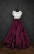 Graceful Chinnon Wine Lehenga with 8.5 Mtr Flair & Organza Sequins Blouse – Full Stitched Set (Adjustable Size 38"–42")