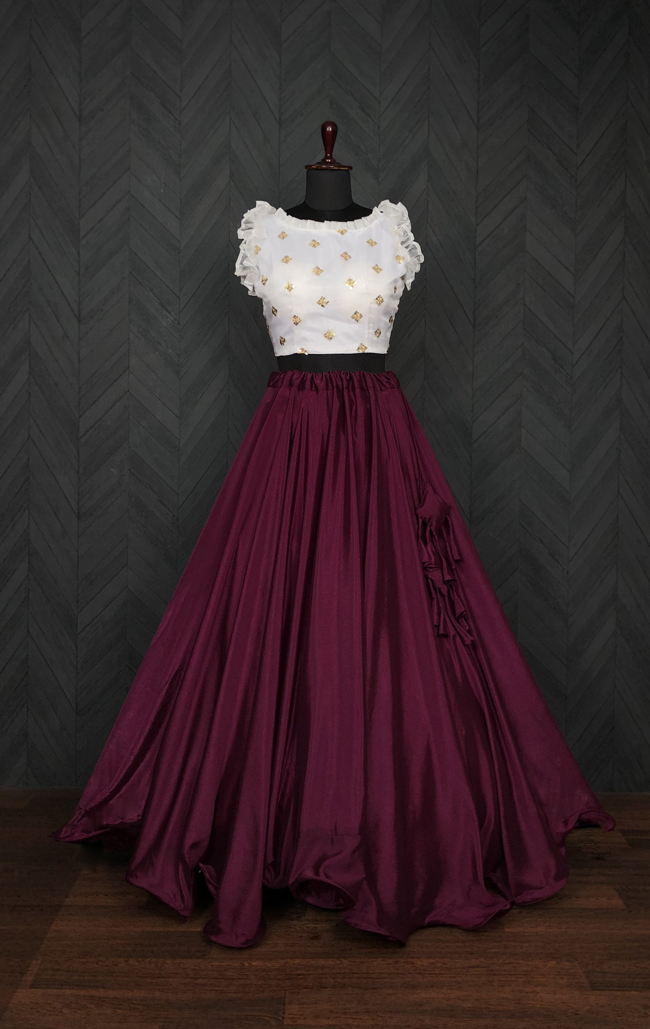 Graceful Chinnon Wine Lehenga with 8.5 Mtr Flair & Organza Sequins Blouse – Full Stitched Set (Adjustable Size 38"–42")