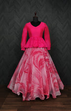 Elegant Soft Organza Digital Print Pink Lehenga with Mulberry Silk Peplum Blouse – Full Stitched (Adjustable Size 38"–44") | 7 Mtr Flair