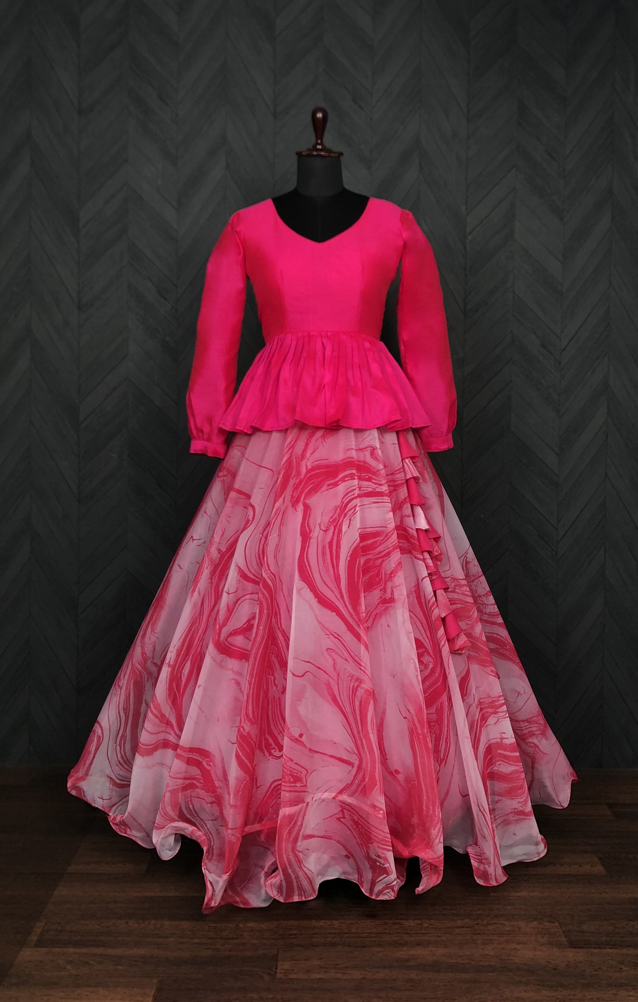 Elegant Soft Organza Digital Print Pink Lehenga with Mulberry Silk Peplum Blouse – Full Stitched (Adjustable Size 38"–44") | 7 Mtr Flair