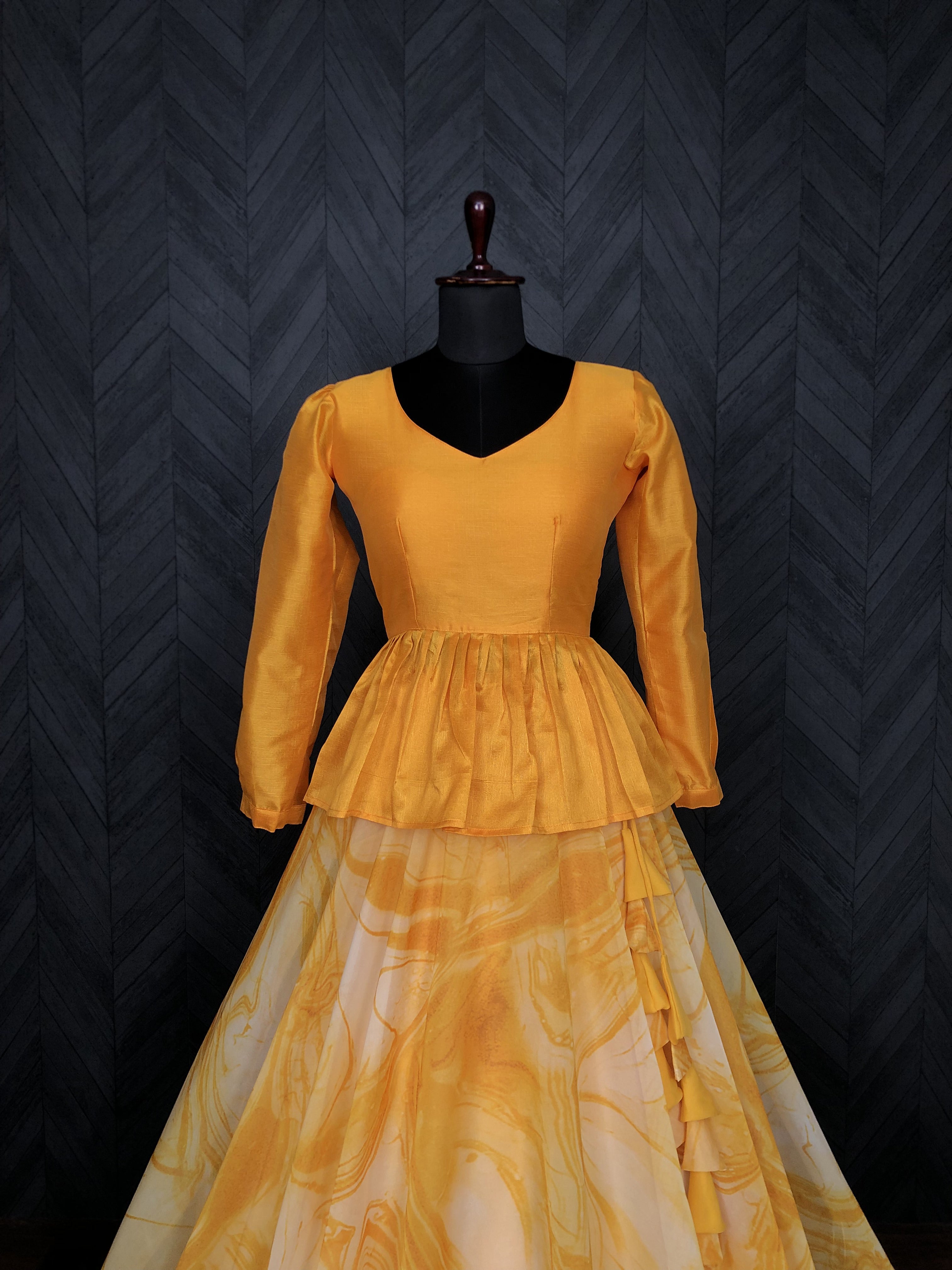 Elegant Soft Organza Digital Print Mustered  Lehenga with Mulberry Silk Peplum Blouse – Full Stitched (Adjustable Size 38"–44") | 7 Mtr Flair