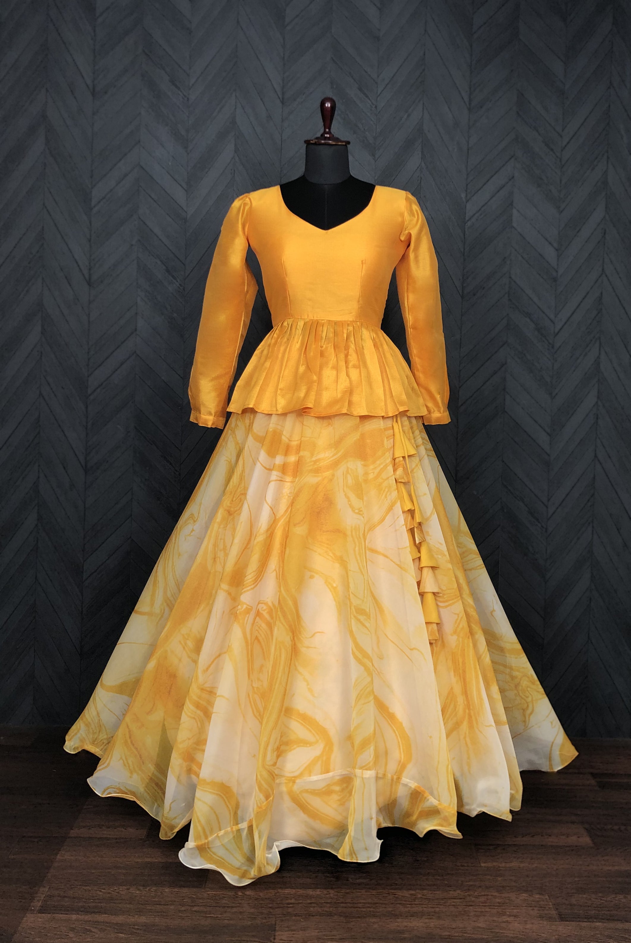 Elegant Soft Organza Digital Print Mustered  Lehenga with Mulberry Silk Peplum Blouse – Full Stitched (Adjustable Size 38"–44") | 7 Mtr Flair