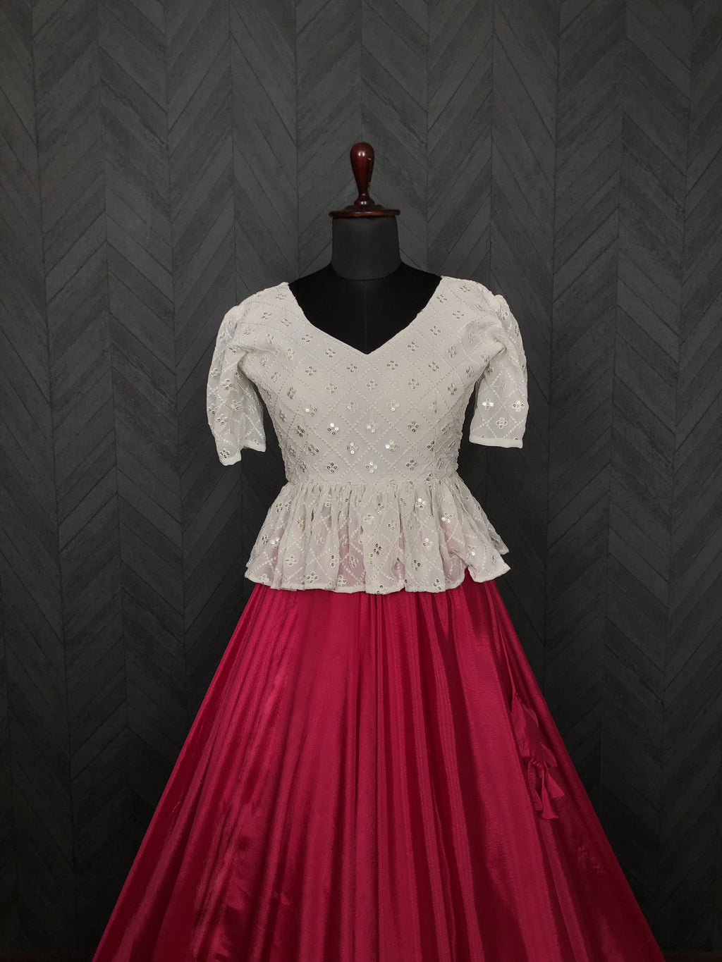 Designer Chinnon Umbrella Pink Lehenga with Puff Sleeve Chikankari Peplum Blouse – Full Stitched (Adjustable Size 38"–44") | 8.5 Mtr Flair