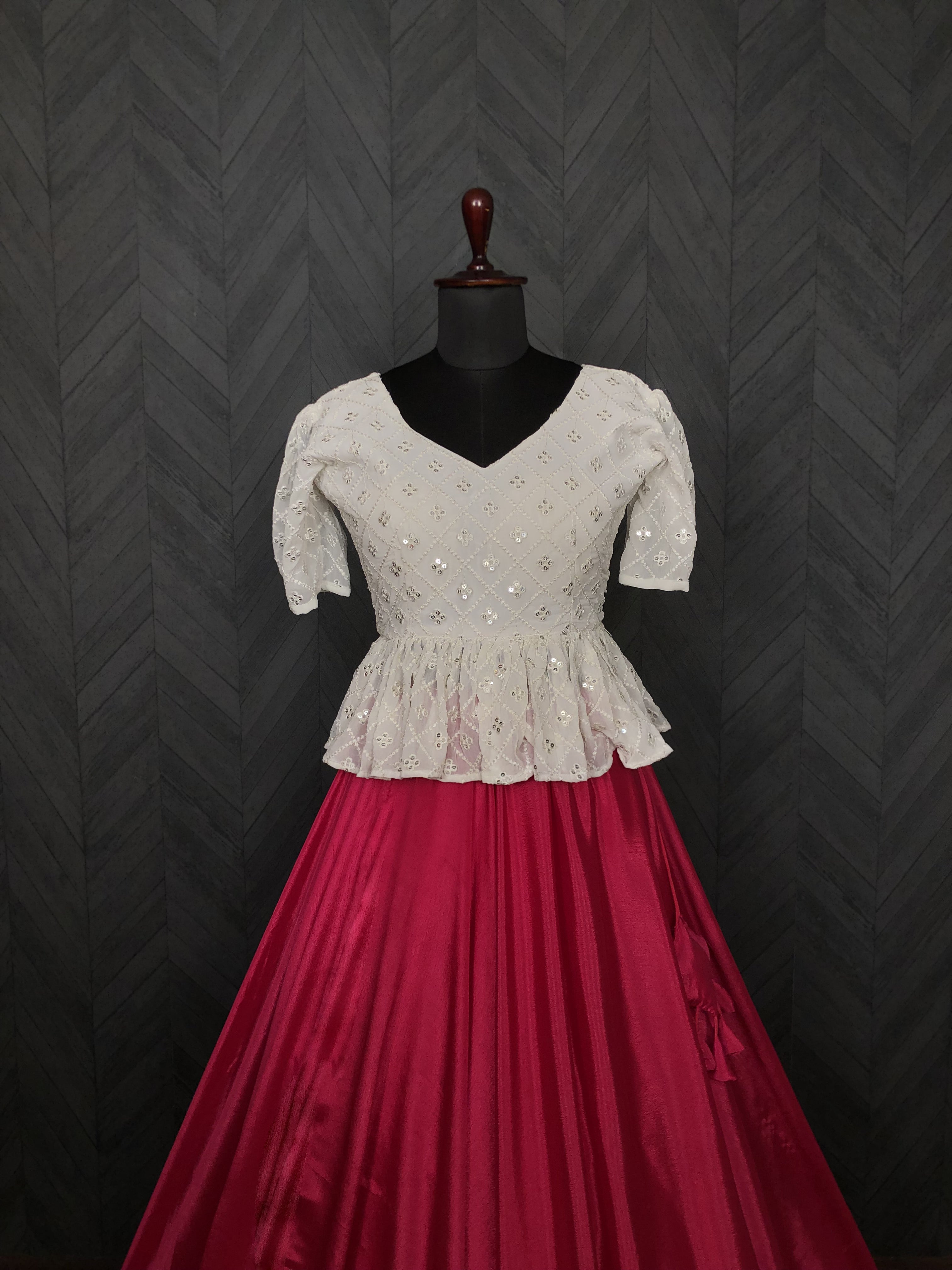 Designer Chinnon Umbrella Pink Lehenga with Puff Sleeve Chikankari Peplum Blouse – Full Stitched (Adjustable Size 38"–44") | 8.5 Mtr Flair