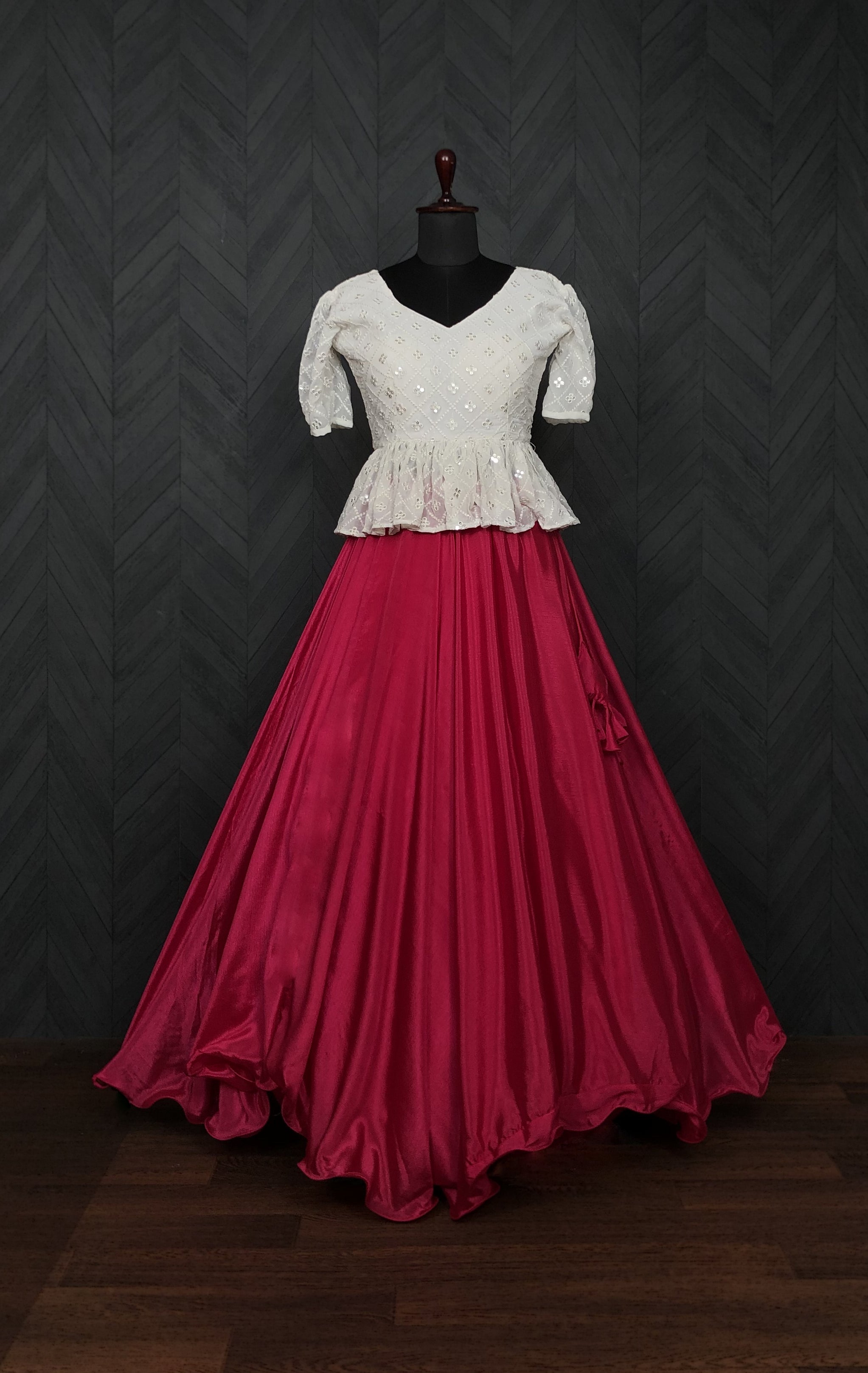 Designer Chinnon Umbrella Pink Lehenga with Puff Sleeve Chikankari Peplum Blouse – Full Stitched (Adjustable Size 38"–44") | 8.5 Mtr Flair