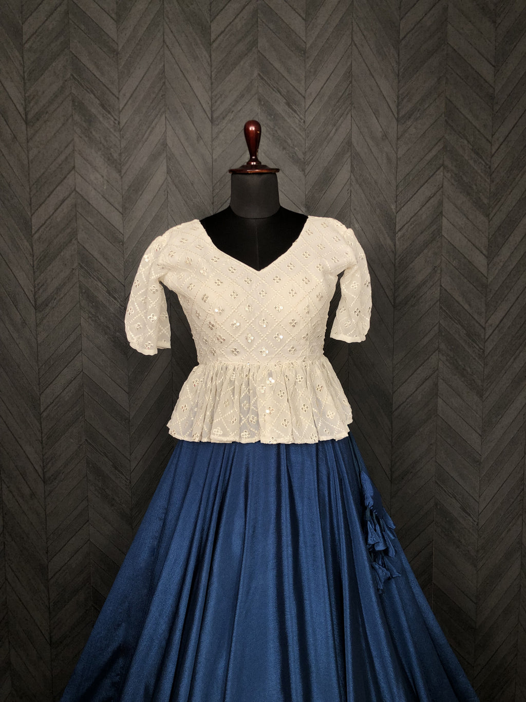 Designer Chinnon Umbrella Blue  Lehenga with Puff Sleeve Chikankari Peplum Blouse – Full Stitched (Adjustable Size 38"–44") | 8.5 Mtr Flair