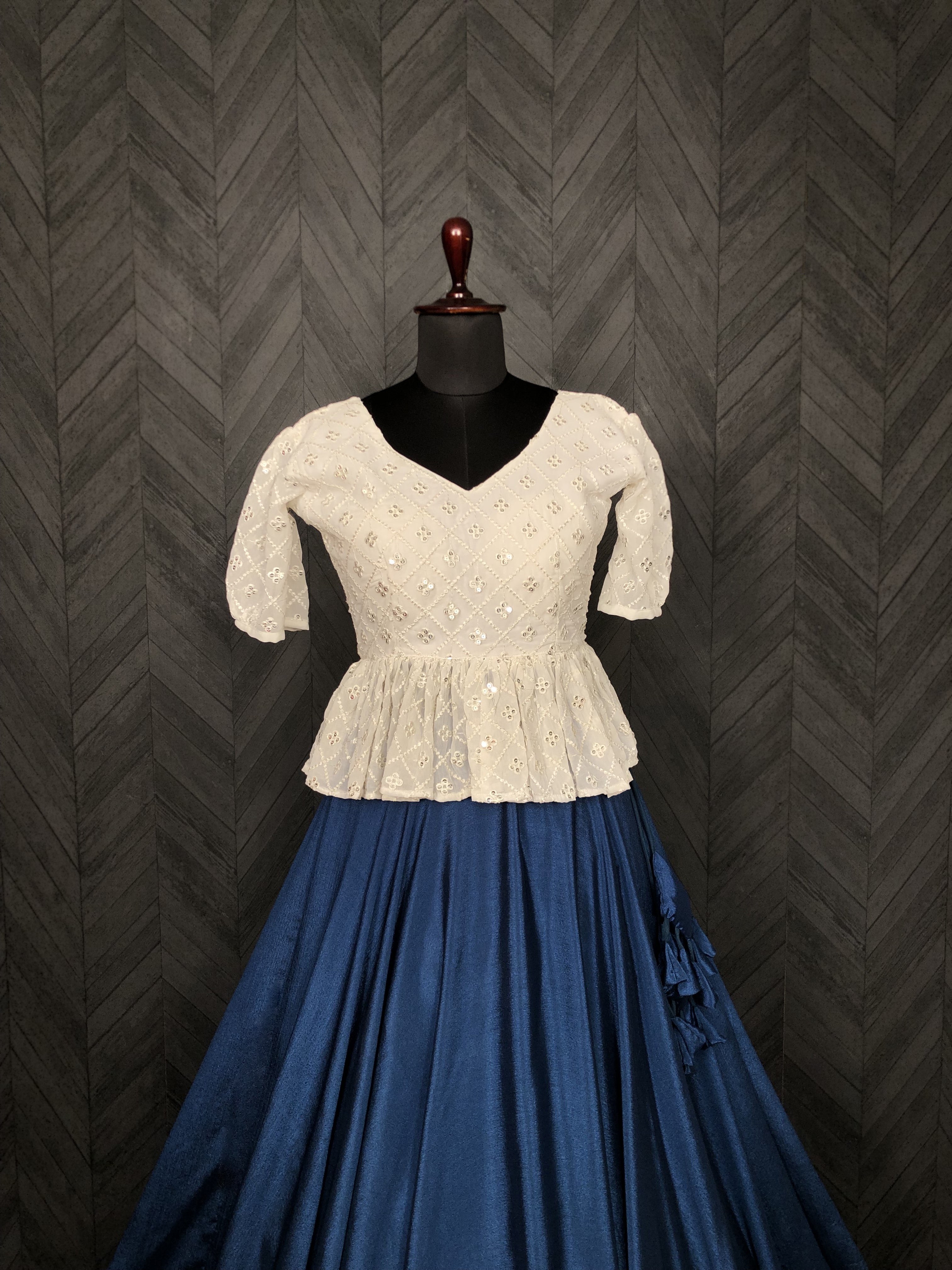 Designer Chinnon Umbrella Blue  Lehenga with Puff Sleeve Chikankari Peplum Blouse – Full Stitched (Adjustable Size 38"–44") | 8.5 Mtr Flair